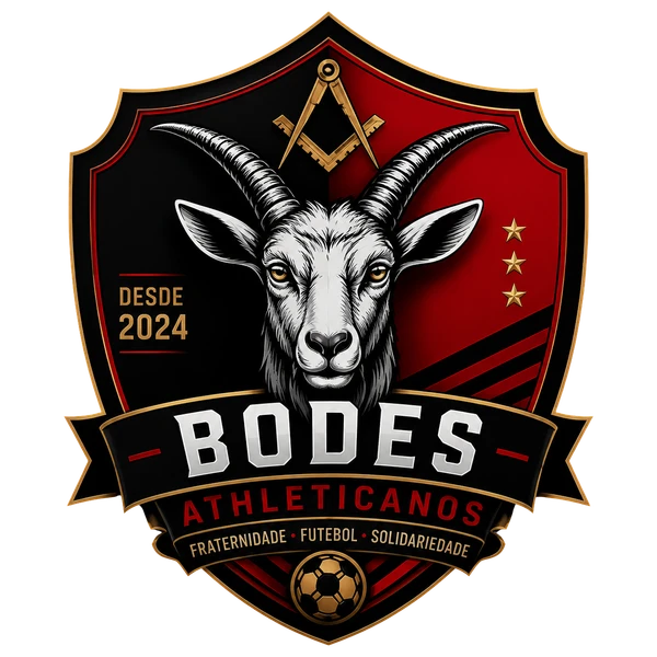 Escudo oficial dos Bodes Athleticanos, com cabeça de bode, faixa e bola dourada